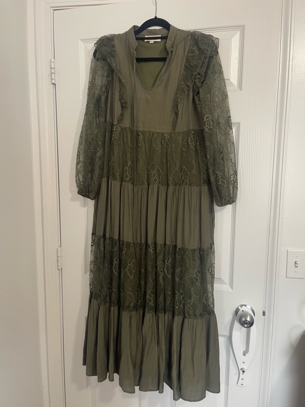 Olive Green Lace Tiered Maxi Dress - Women